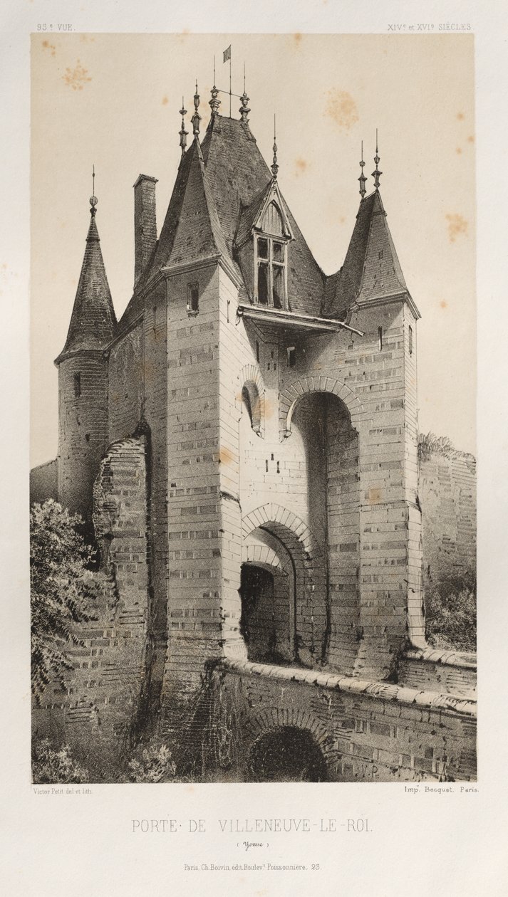 Malebná architektura aneb památky 15. století. A XVI. Století: Francouzské zámky XV a XVI Století: Pl. 95, Porte de Villeneuve-Le-Roi (Yonne) od Victor Petit