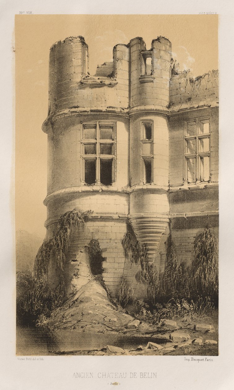 Malebná architektura aneb památky 15. století. A XVI. Století: Francouzské zámky XV a XVI Století: Pl. 99, Starý hrad Belin (Sarthe) od Victor Petit