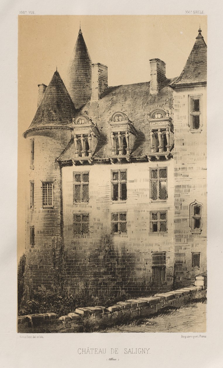 Malebná architektura aneb památky 15. století. A XVI. Století: Francouzské zámky XV a XVI Století: Pl.100, Château de Saligny (Alliers) od Victor Petit