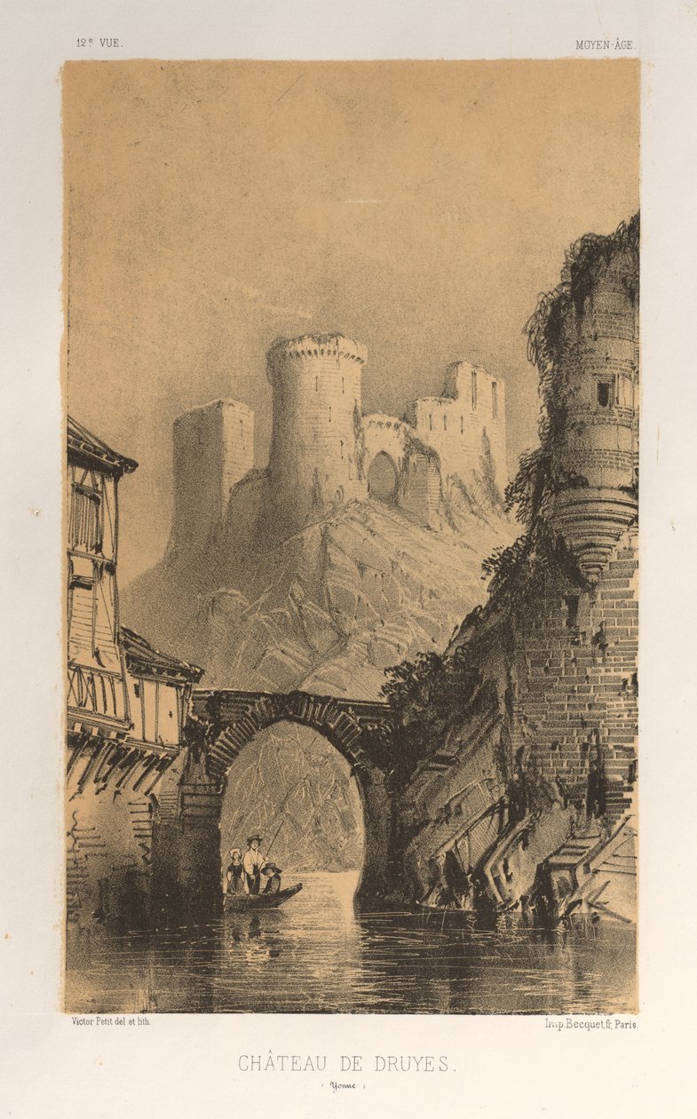 Malebná architektura aneb památky 15. století. A XVI. Století: Chateaux De France XV a XVI Století: Pl. 12, Chateau De Druyes (Yonne) od Victor Petit