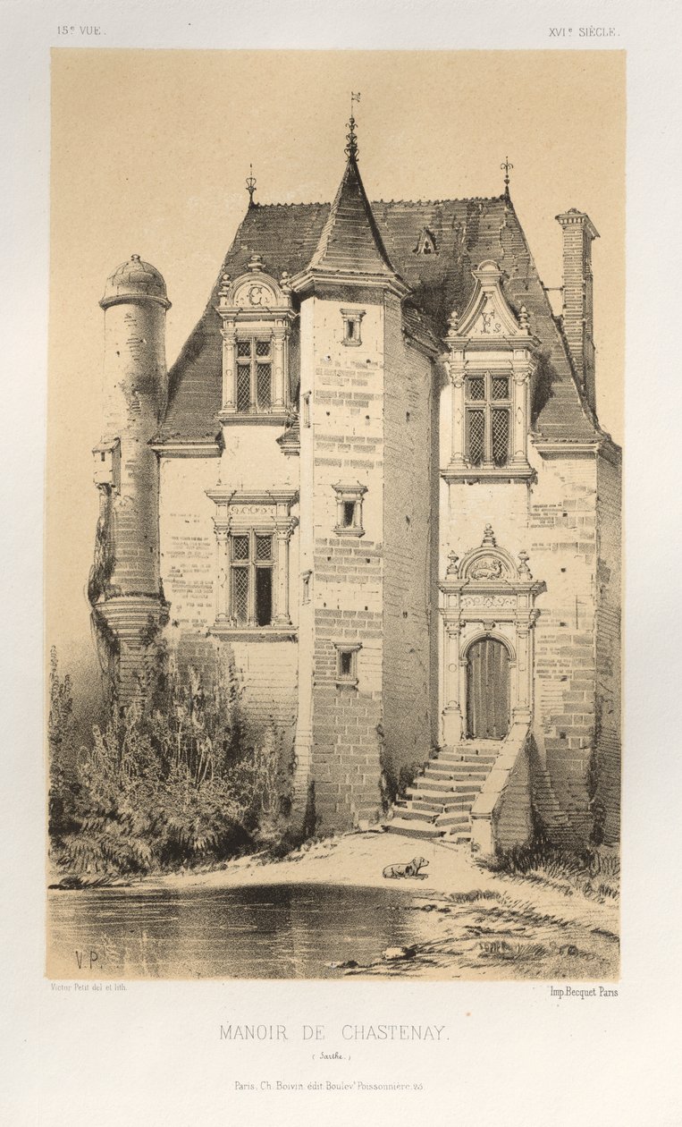 Malebná architektura aneb památky 15. století. A XVI. Století: Chateaux De France XV a XVI Století: Pl.15, Manoir De Chastenay (Sarthe) od Victor Petit