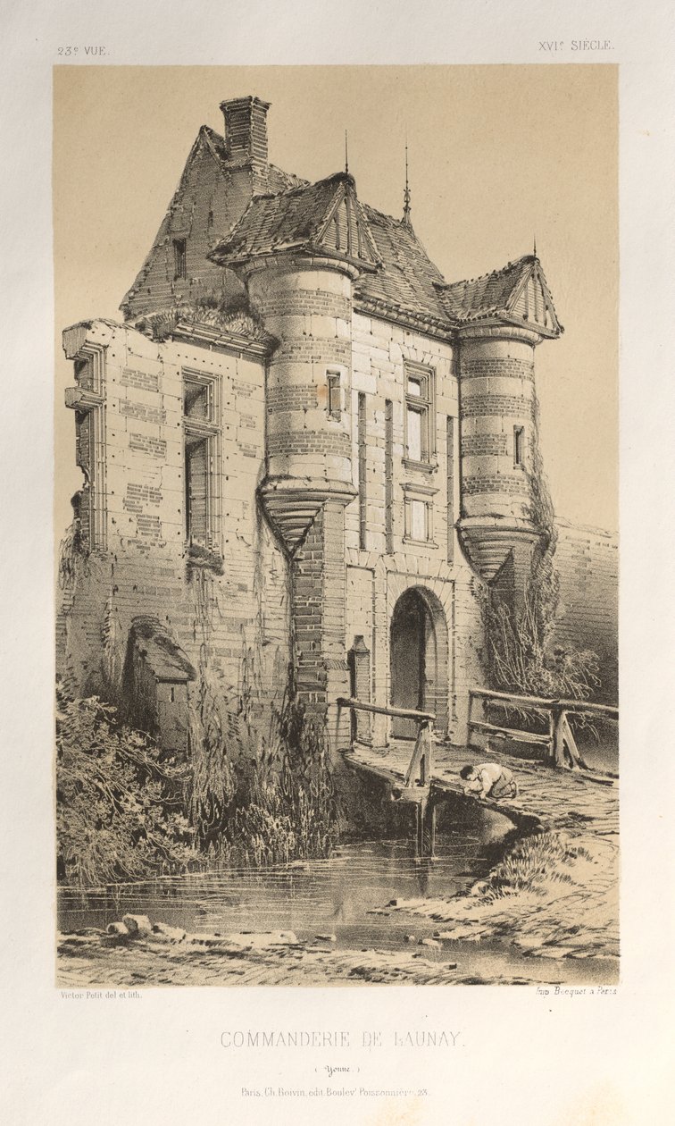 Malebná architektura aneb památky 15. století. A XVI. Století: Chateaux De France XV a XVI Století: Pl. 23 Commanderie De Launay (Yonne) od Victor Petit