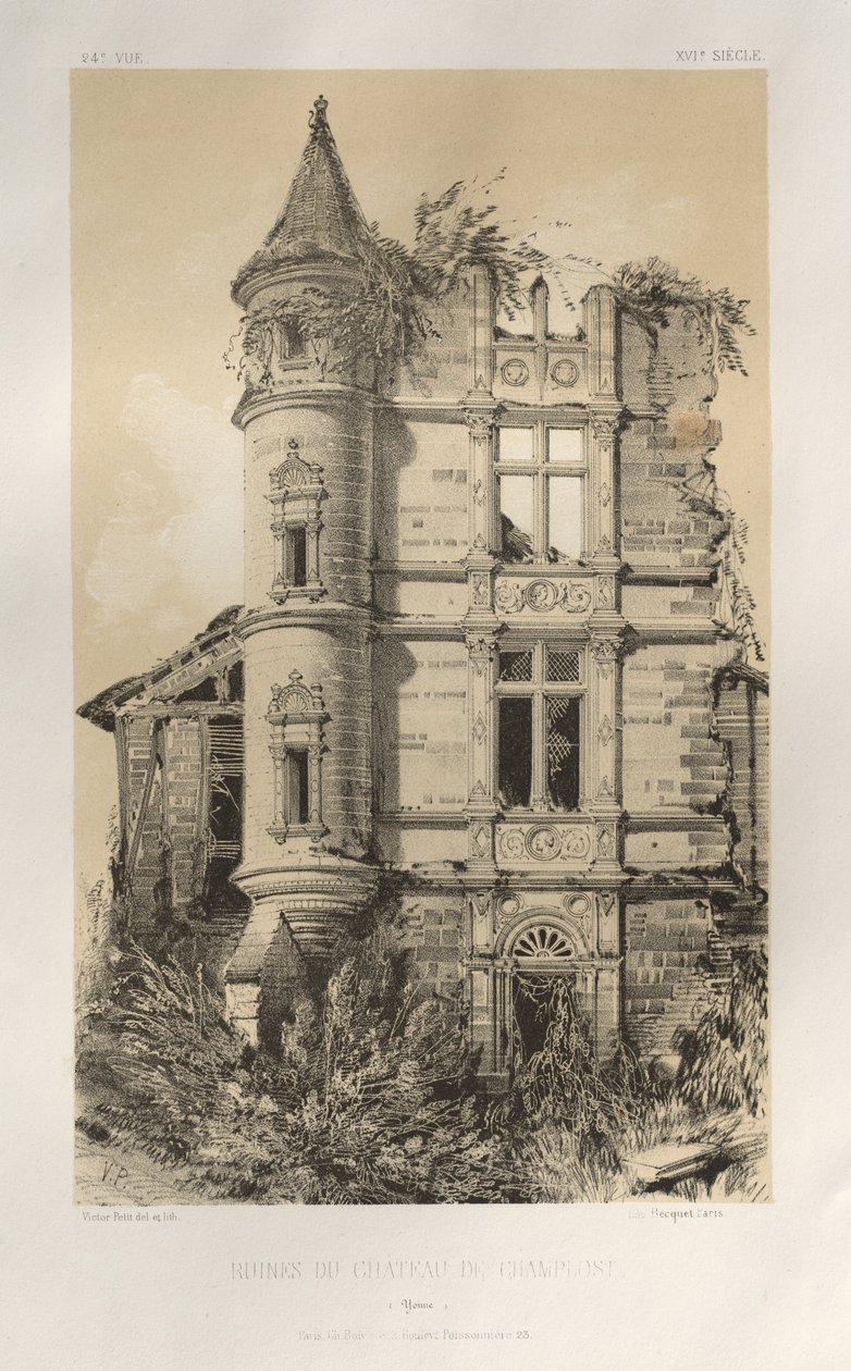 Malebná architektura aneb památky 15. století. A XVI. Století: Zámky Francie XV a XVI Století: Pl. 24, Ruiny zámku De Champlost (Yonne) od Victor Petit