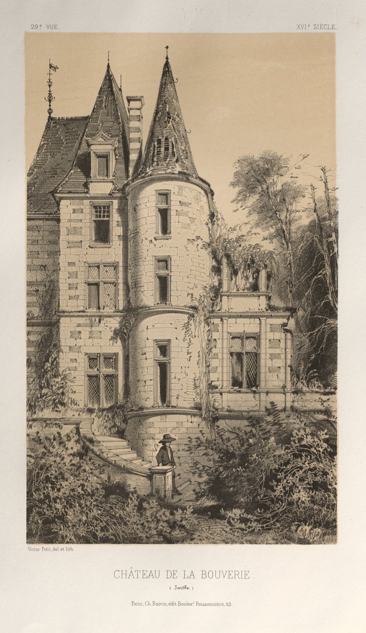 Malebná architektura aneb památky 15. století. A XVI. Století: Zámky Francie XV a XVI. Století: Pl. 29, Chateau De La Bouverie (Sarthe) od Victor Petit