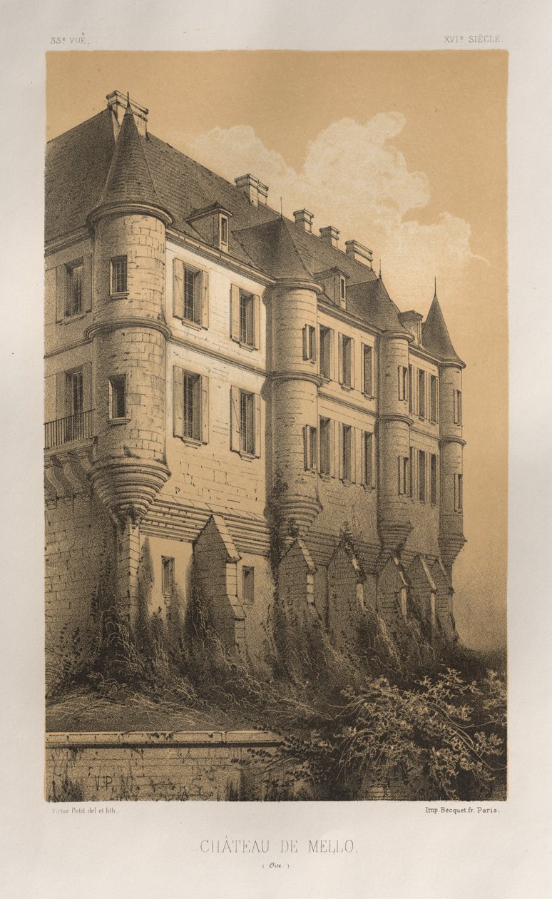 Malebná architektura aneb památky 15. století. A XVI. Století: Chateaux De France XV a XVI Století: Pl. 35, Château De Mello (Oise) od Victor Petit
