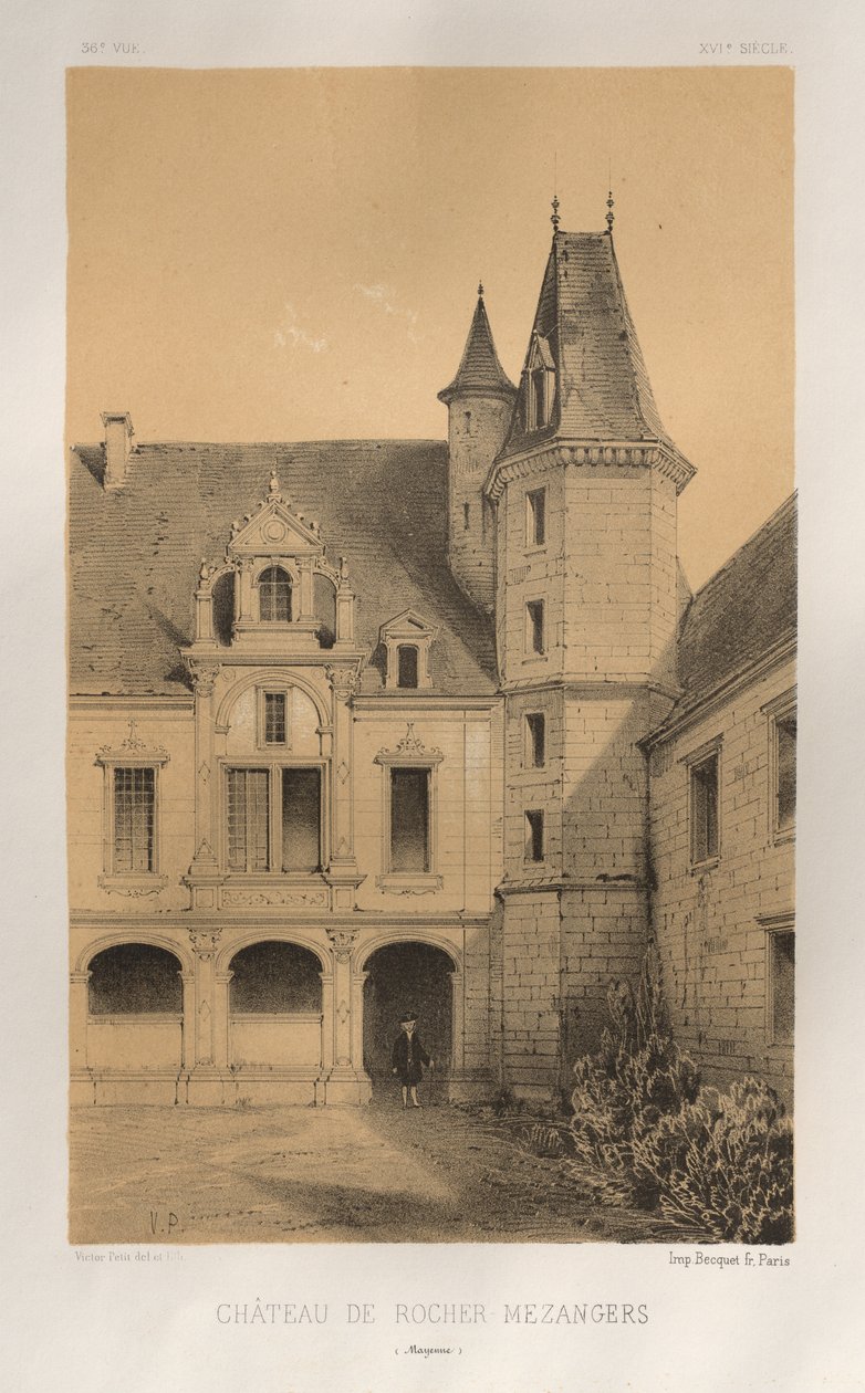 Malebná architektura aneb památky 15. století. A XVI. Století: Chateaux De France XV a XVI Století: Pl. 36, Château De Rocher Mezangers (Mayenne) od Victor Petit