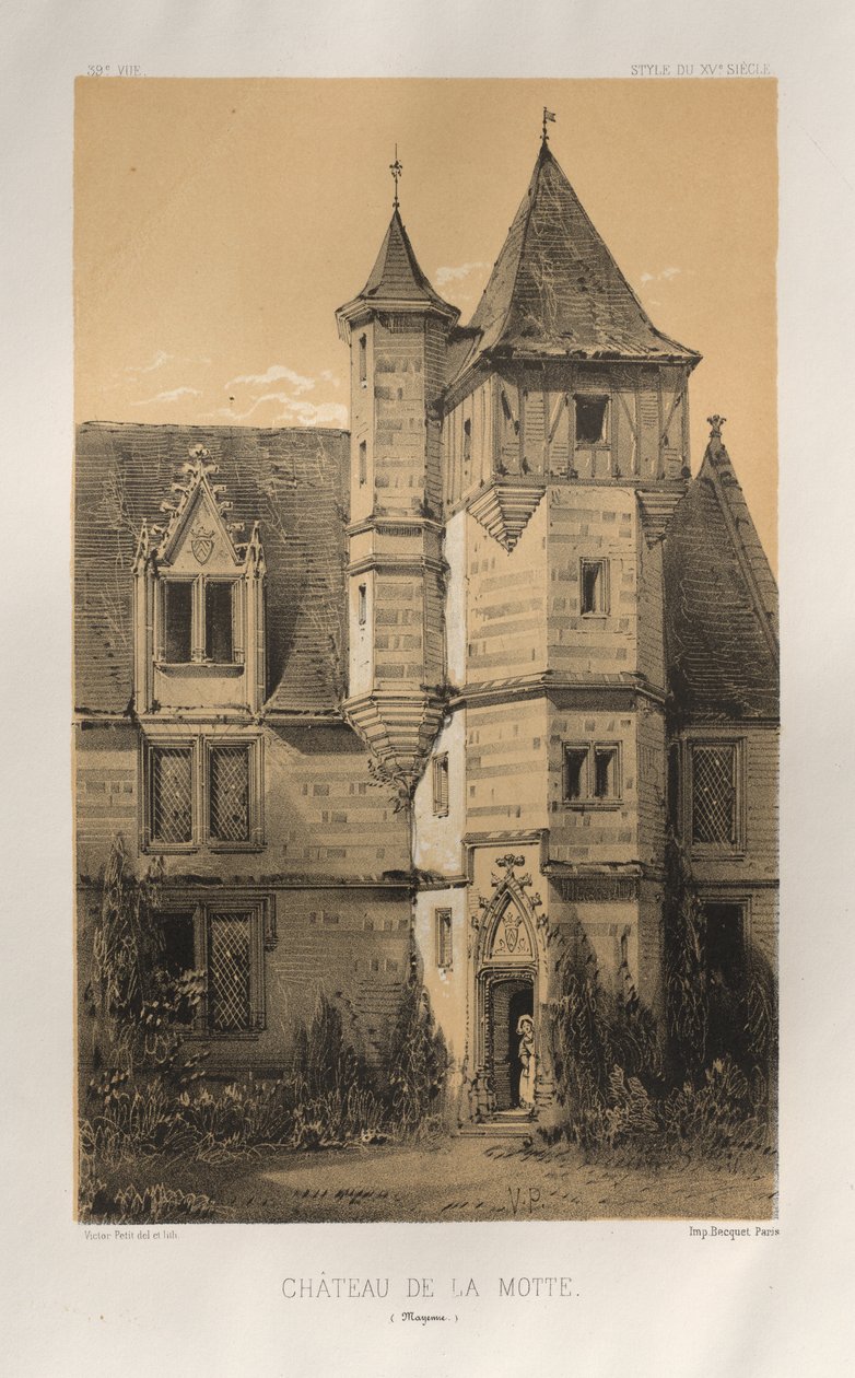 Malebná architektura aneb památky 15. století. A XVI. Století: Chateaux De France XV a XVI Století: Pl. 39, Château De La Motte (Mayenne) od Victor Petit