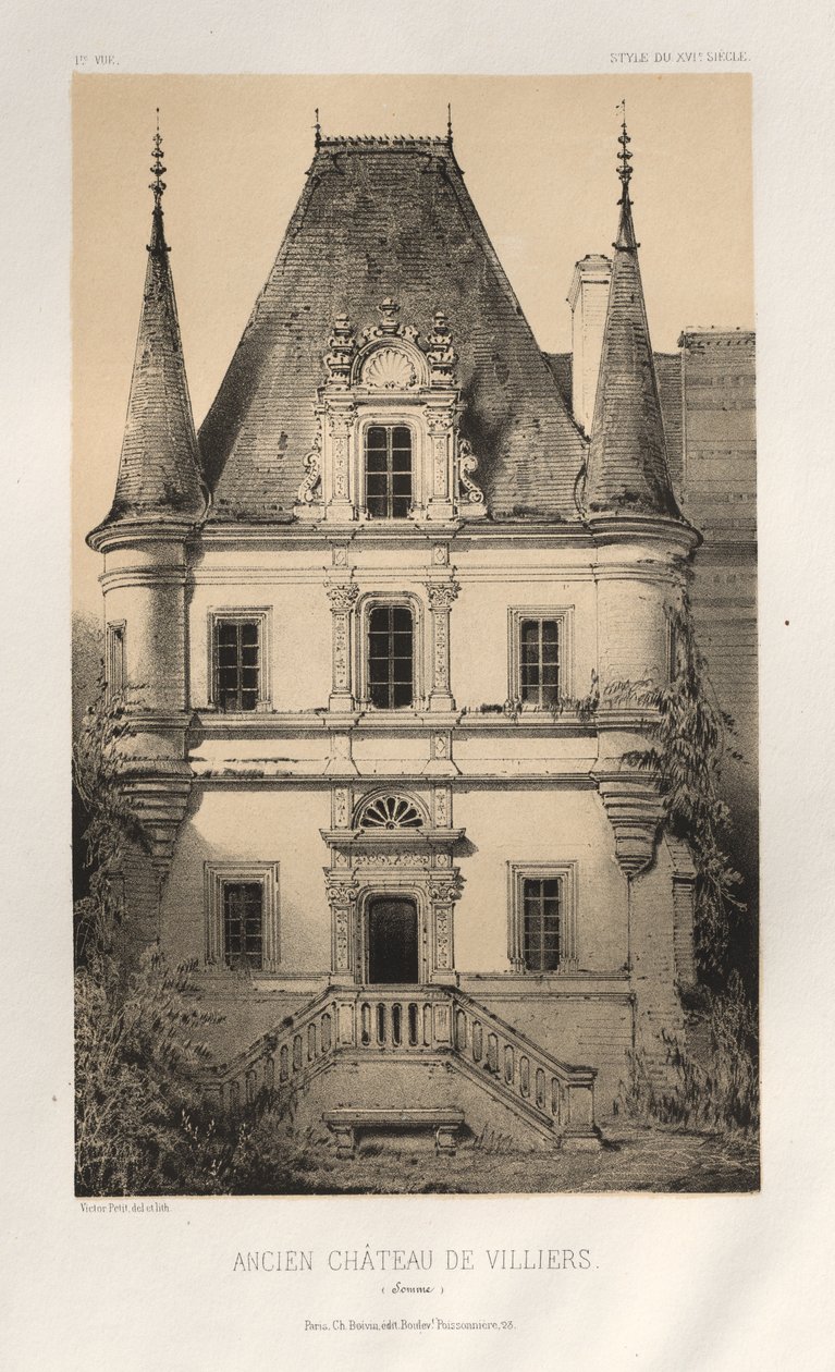 Malebná architektura aneb památky 15. století. A XVI. Století: Chateaux De France XV a XVI Století: Pl. 1, Starý zámek Villiers (Somme) od Victor Petit