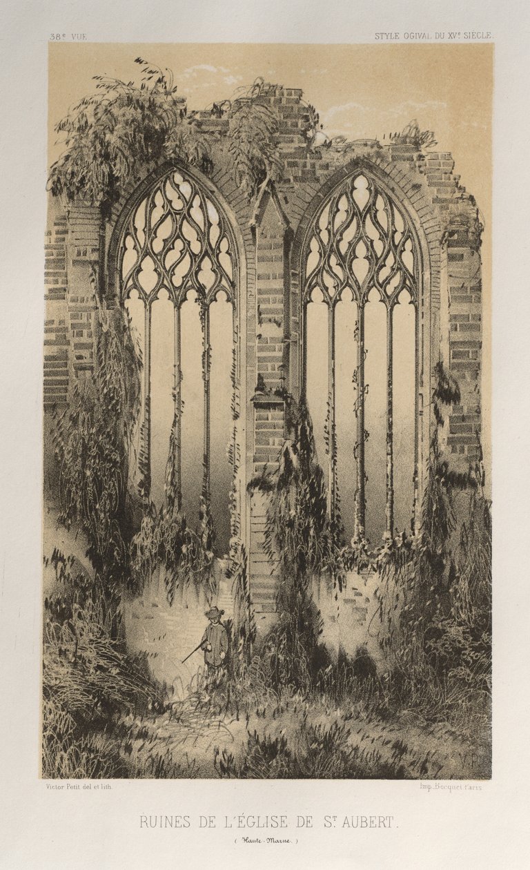 ...pl. 38, Zřícenina kostela svatého Auberta Haute-Marne, 1860. od Victor Petit