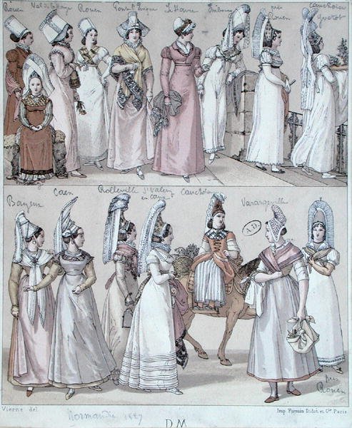 Tradiční kroje Normandie, cca 1830 (barevné lito) od Vierne (after)