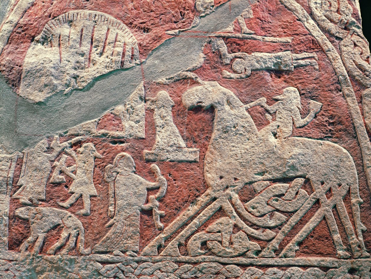 Detail figurek ilustrujících ságu z kamene Isle of Gotland od Viking
