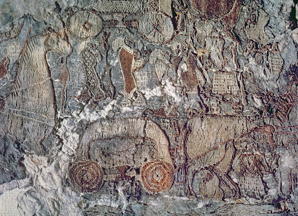 Detail zvířete táhnoucího vozík, z tapisérie nalezené u lodi Oseberg (textil) od Viking