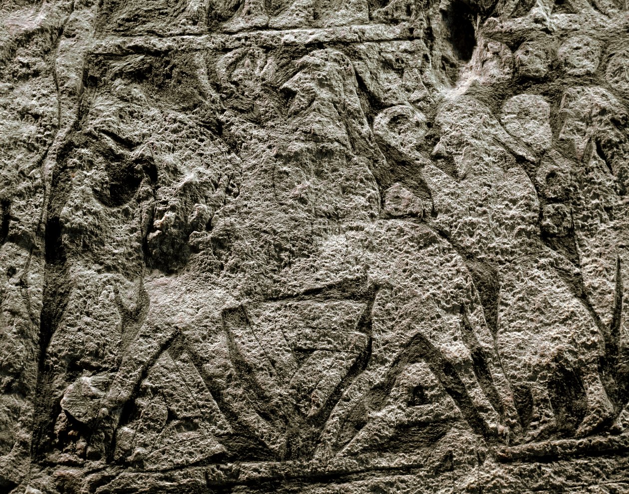 Mrtví jedoucí na Odinově koni, detail vikingského pohřebního kamene, 7.–8. století našeho letopočtu od Viking