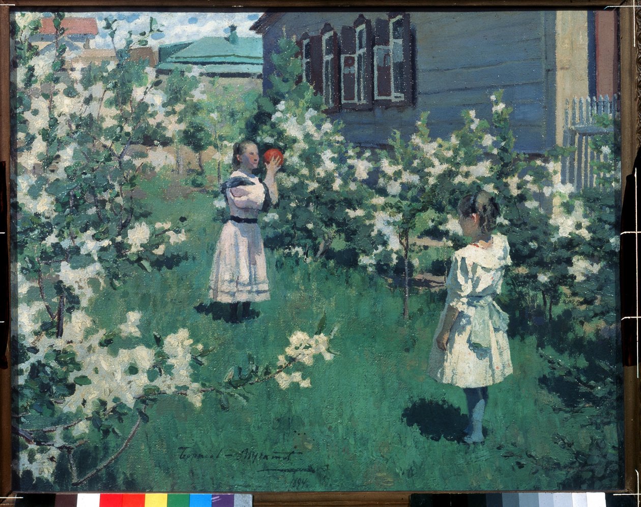 ""Fleurs de mai"" (květen květ) Holčičky hrají míč v květinové zahradě na jaře. Obraz Viktora Elpidiforoviče Borisova-Musatova (1870-1905) 1894 Státní Treťjakovská galerie, Moskva od Viktor Elpidiforovich Borisov Musatov