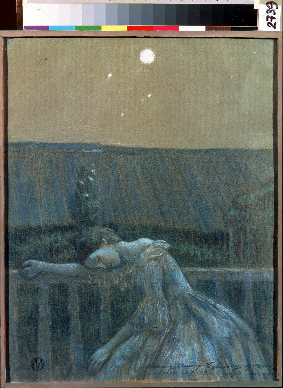 ""The Sorrow"" (Sorrow) Zoufalá mladá dívka opřená o zábradlí. Akvarel a pastel Viktor (Victor) Elpidiforovič Borisov-Musatov (Borisov Musatov) (1870-1905) (symbolismus) 1903 Státní muzeum historie a umění Serpukhov (Serpukhov). od Viktor Elpidiforovich Borisov-Musatov
