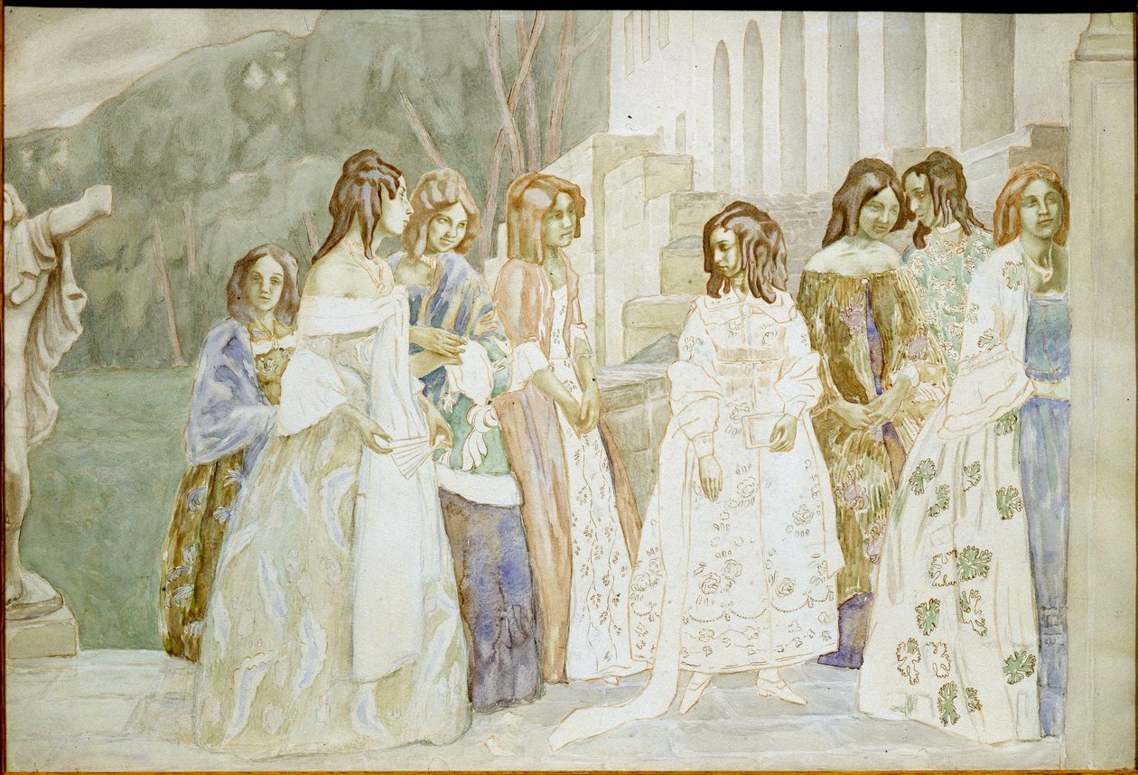 Requiem: mladé ženy v krinolínových šatech si povídají v zahradě - Dílo Viktora (Victora) Elpidiforoviče Borisova-Musatova (Borisov Musatov) (1870-1905) od Viktor Elpidiforovich Borisov Musatov