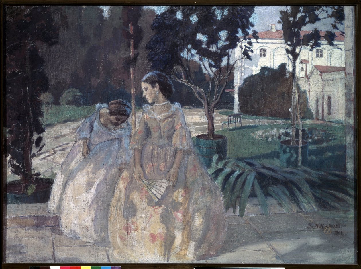 Gobelín. Dvě elegantní mladé ženy se procházejí v zahradě bohatého panství. Obraz Viktora (Victora) Elpidiforoviče Borisova Musatova (Borisov-Musatov) (1870-1905). tempera na plátně od Viktor Elpidiforovich Borisov Musatov