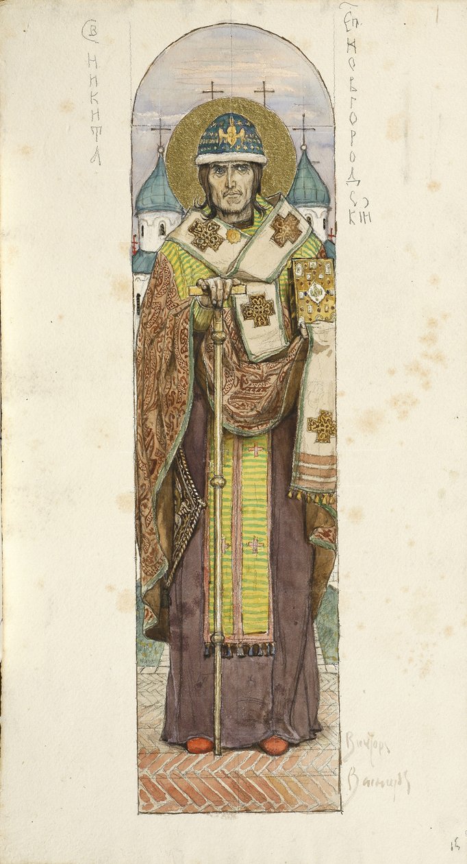 Svatý Nikita, novgorodský biskup Studium fresek v katedrále svatého Vladimíra v Kyjevě, 1884-1889 od Viktor Mikhaylovich Vasnetsov