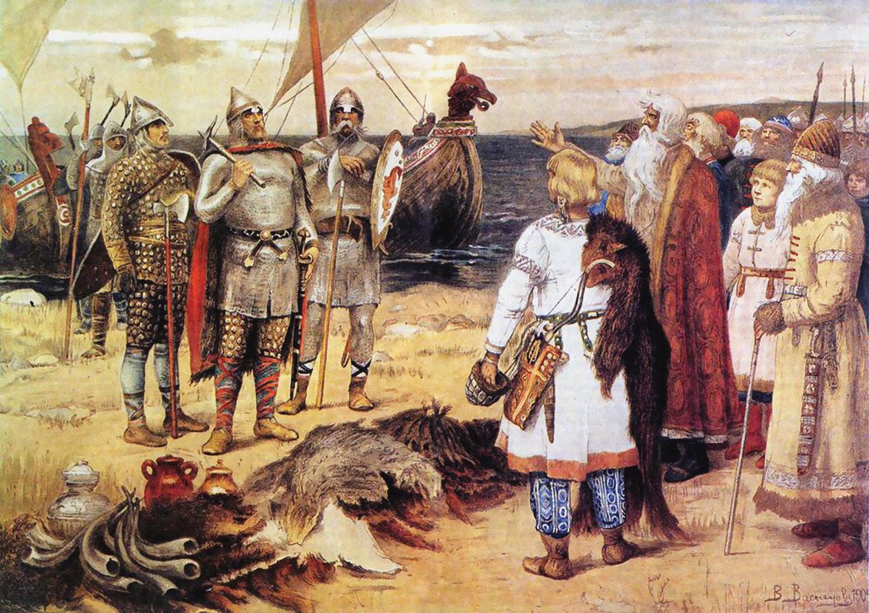 Pozvánka Varjagů: Rurik a jeho bratři přijíždějí do Staraya Ladoga před rokem 1912 od Viktor Mikhaylovich Vasnetsov
