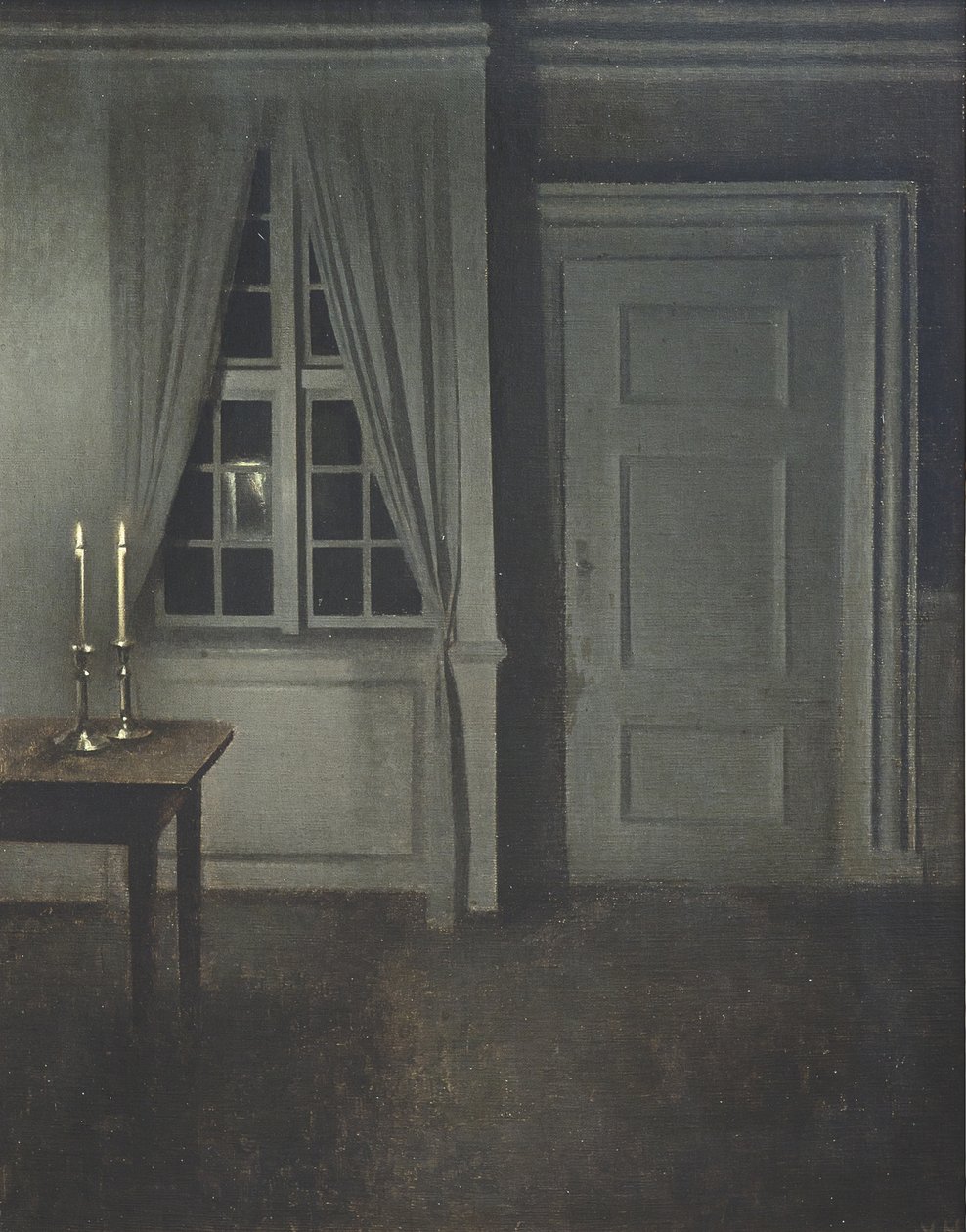 Interiér se dvěma svíčkami od Vilhelm Hammershøi