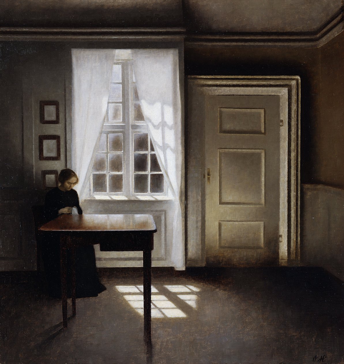 Žena šijící v interiéru od Vilhelm Hammershoi