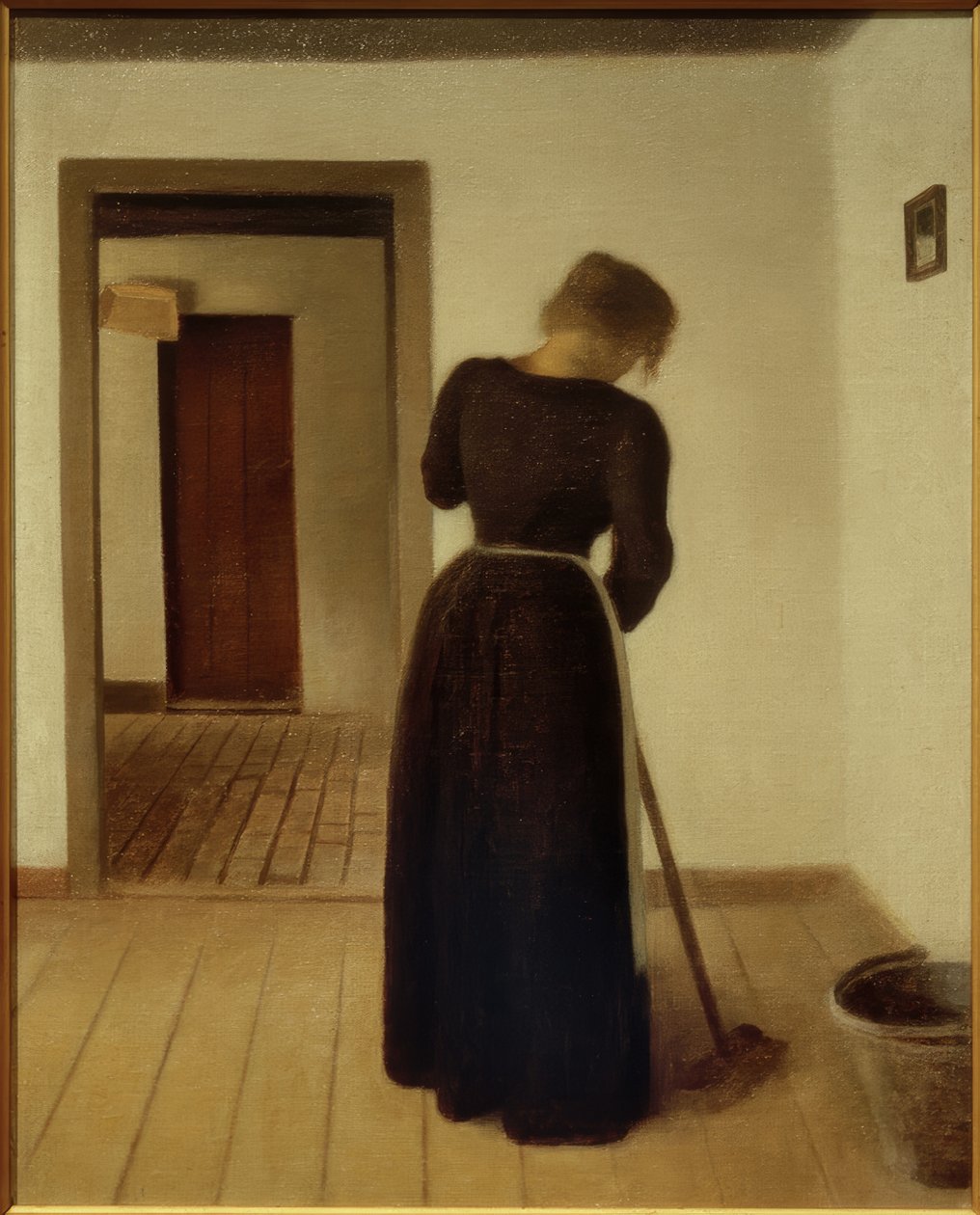 Interiér s mladou ženou zametání od Vilhelm Hammershoi