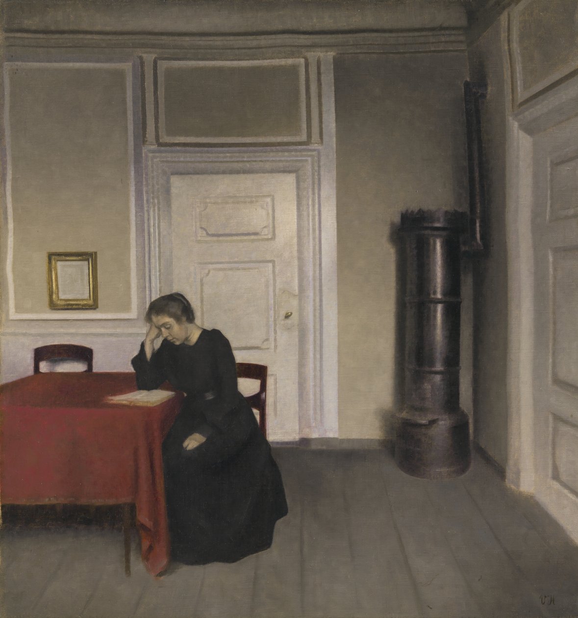Interiér se čtoucí ženou od Vilhelm Hammershoi