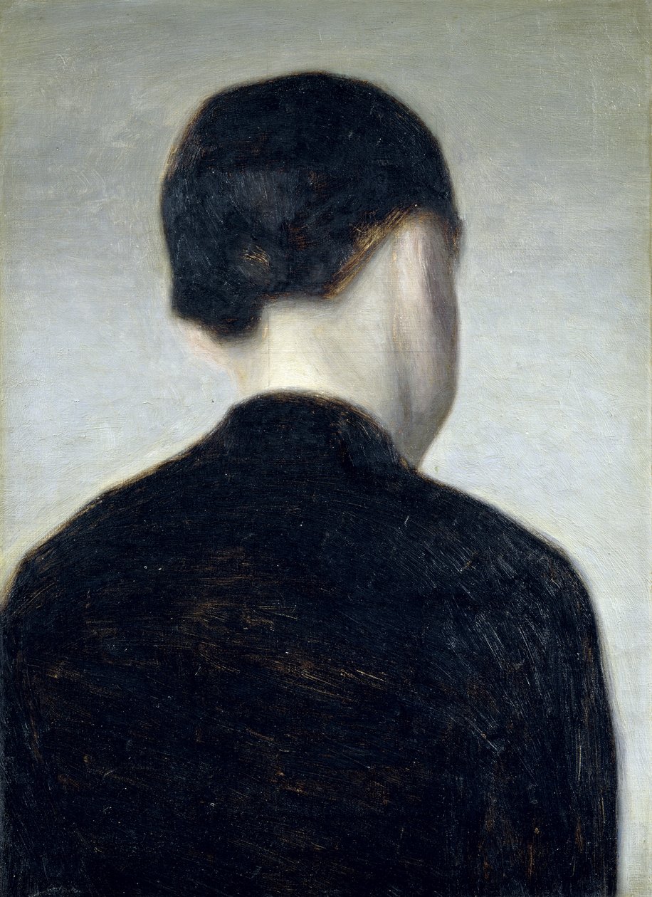 Sedící postava, při pohledu zezadu (Anna Hammershoi) 1884 (olej na plátně položeném na palubě) od Vilhelm Hammershoi