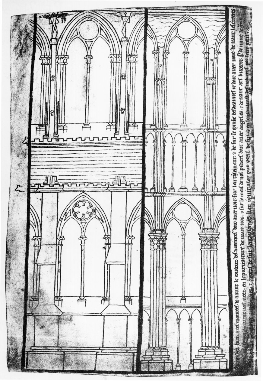 Faksimile kopie Ms Fr 19093 fol.31v Exteriér a interiér Pohled na boční zdi katedrály v Remeši od Villard de Honnecourt