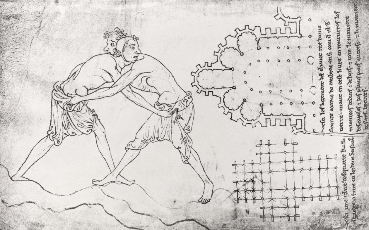 Ms.Fr.19093 fol.14v Dva zápasníci, plán cisterciáckého kostela a plán chóru Notre-Dame de Cambrai (faksimile kopie) od Villard de Honnecourt