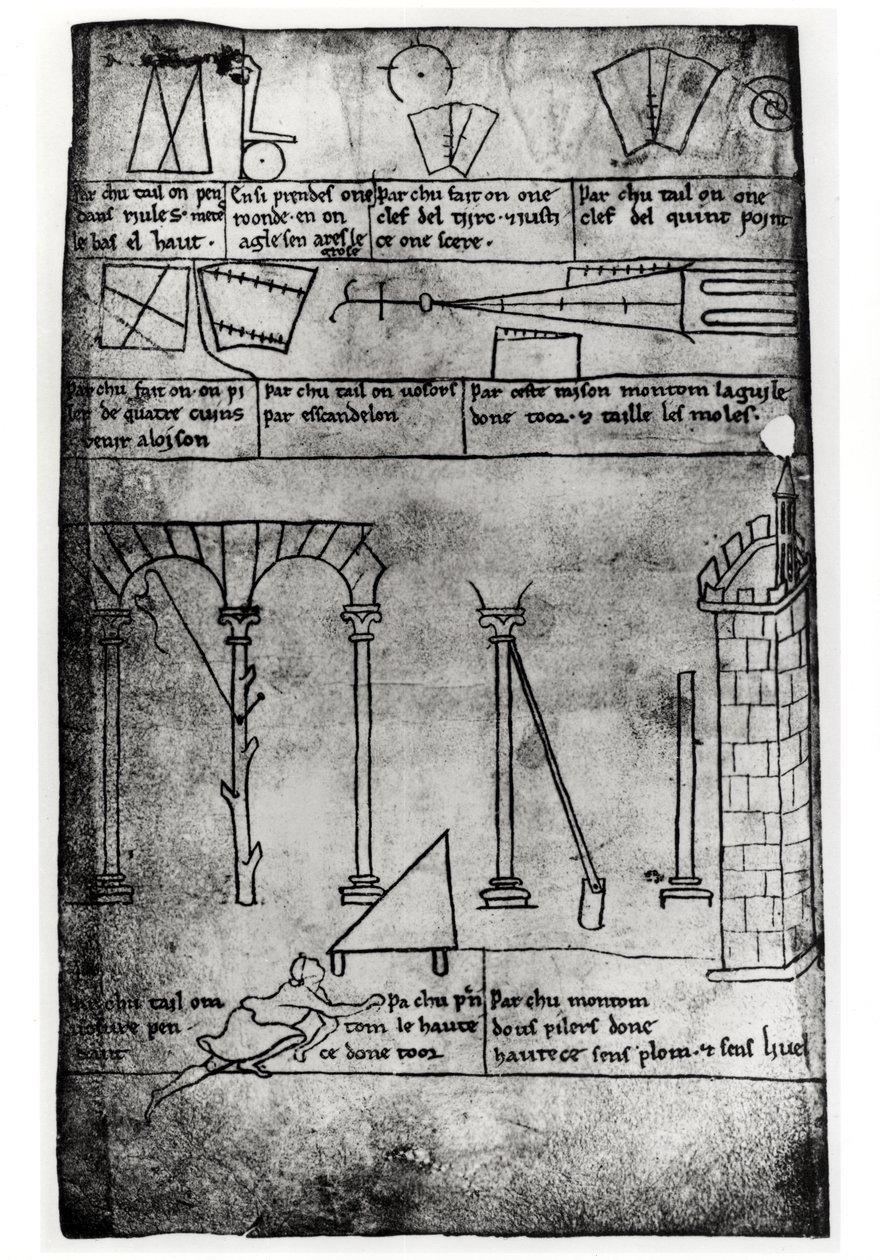 Ms.Fr.19093 fol.20v Geometrické obrazce pro stavbu, oblouky a muž měřící výšku věže (faksimile kopie) od Villard de Honnecourt