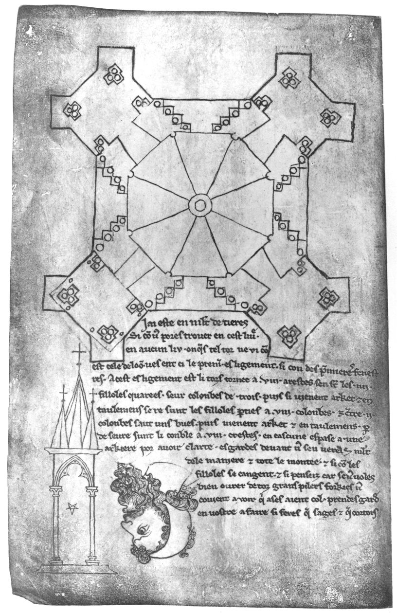 Ms 19093 fol.9v Faksimile kopie plánu věže laonské katedrály, hlavy vousatého muže a gotického okna od Villard de Honnecourt