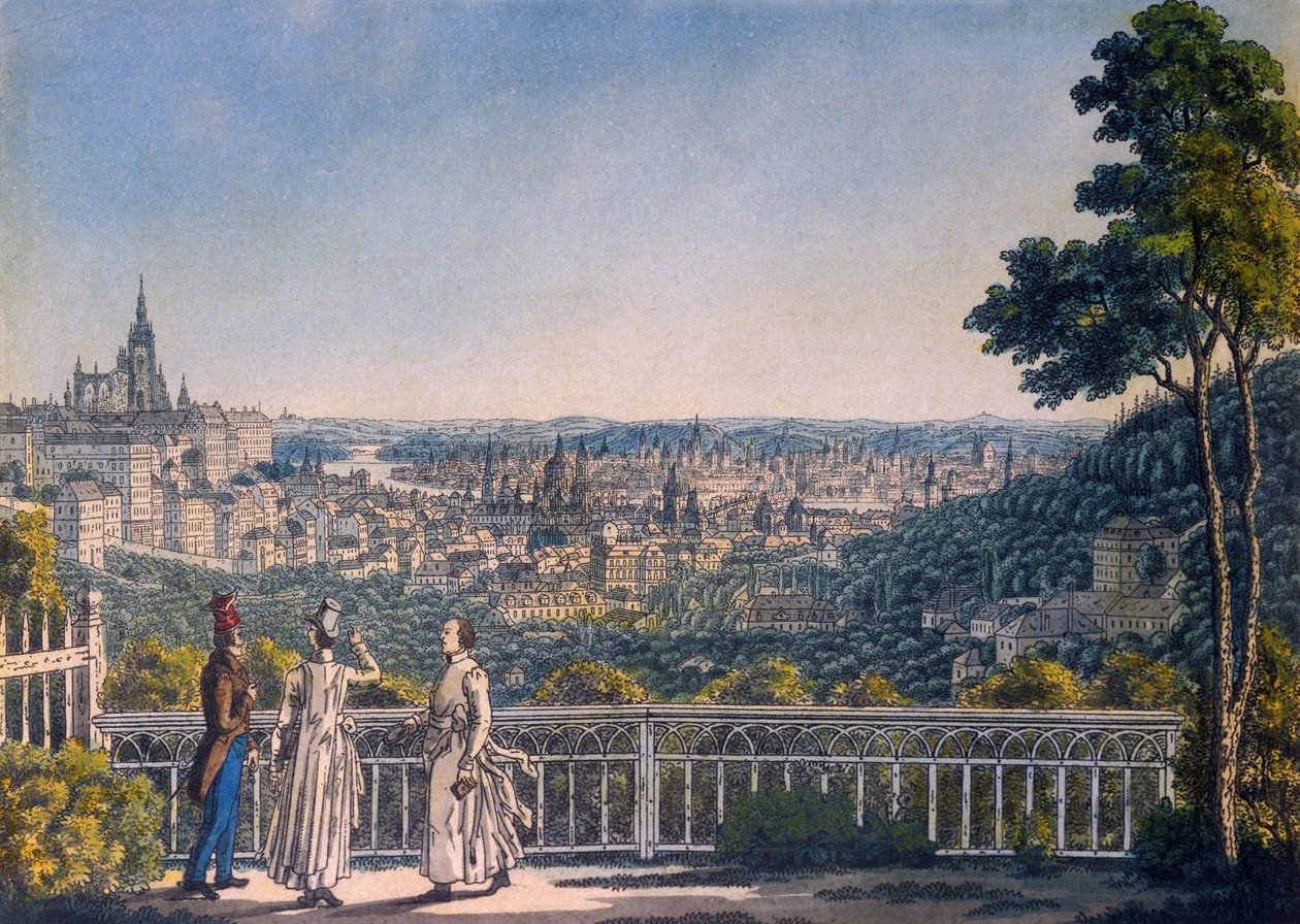 Pohled na Prahu ze zahrady Strahovského kláštera, 1835 (kolorovaný lept) od Vincenc Morstadt