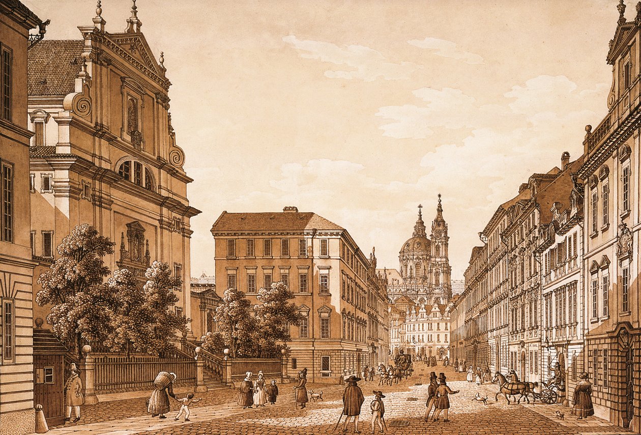 Pohled do Karmelitské ulice ke kostelu sv. Mikuláše, Praha (pero a inkoust s wc na papíře) od Vincenc Morstadt