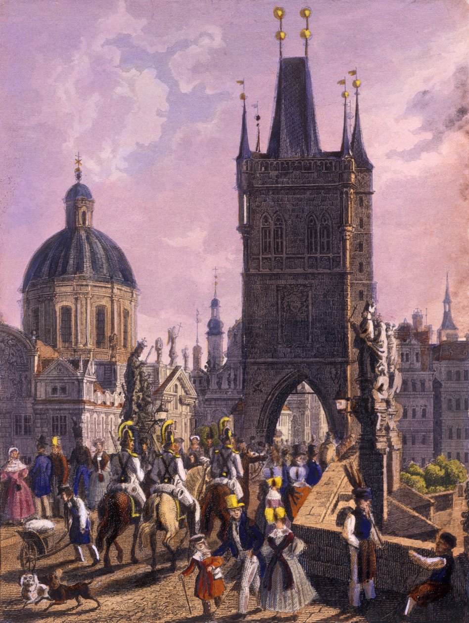 Pohled na Staroměstskou mosteckou věž z Karlova mostu, 1847 (kolorovaná ocelorytina) od Vincenc Morstadt