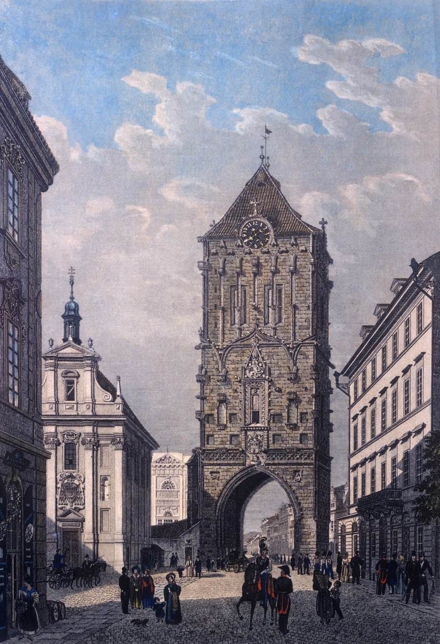 Pohled na Prašnou bránu od západu, ryl V. Merklas, 1835 (barevná ocelorytina) od Vincenc Morstadt