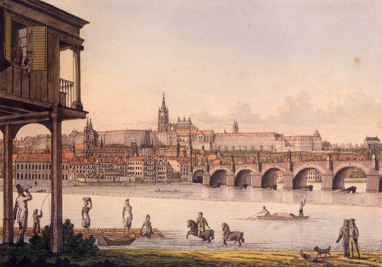 Pohled na Malou Stranu a Pražský hrad Hradčany z Papoukových lázní, 1825 (barevný lept) od Vincenc Morstadt