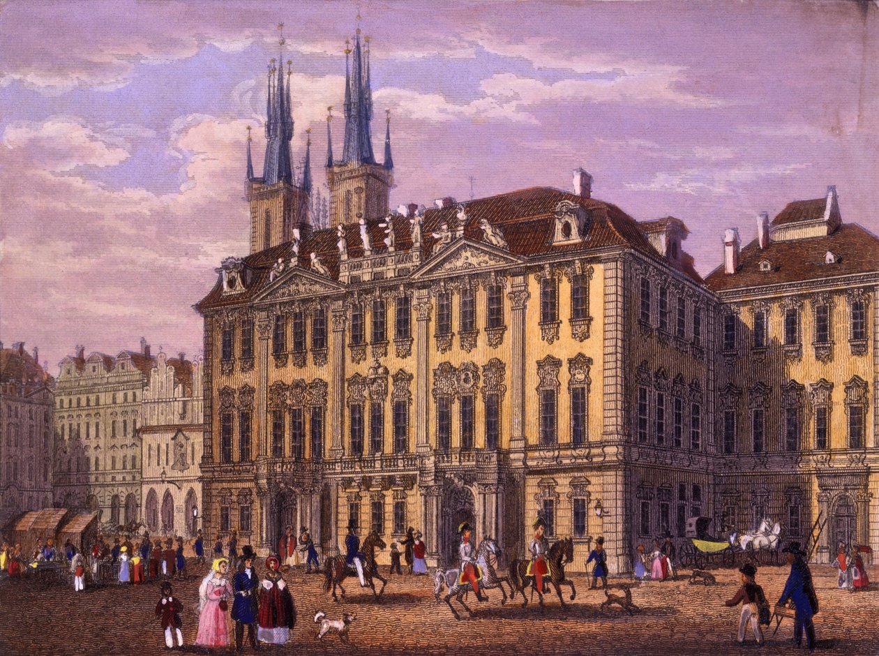 Palác Goltz-Kinských (Kinských), Praha, 1847 (barevná ocelorytina) od Vincenc and Geissler, F. Morstadt