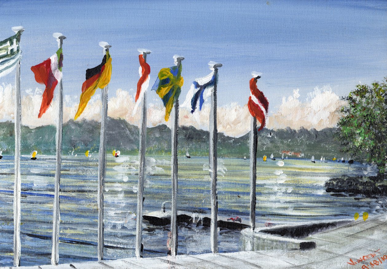 Vlajky na Lac Leman 2010 (akryl na plátně desce) od Vincent Alexander Booth
