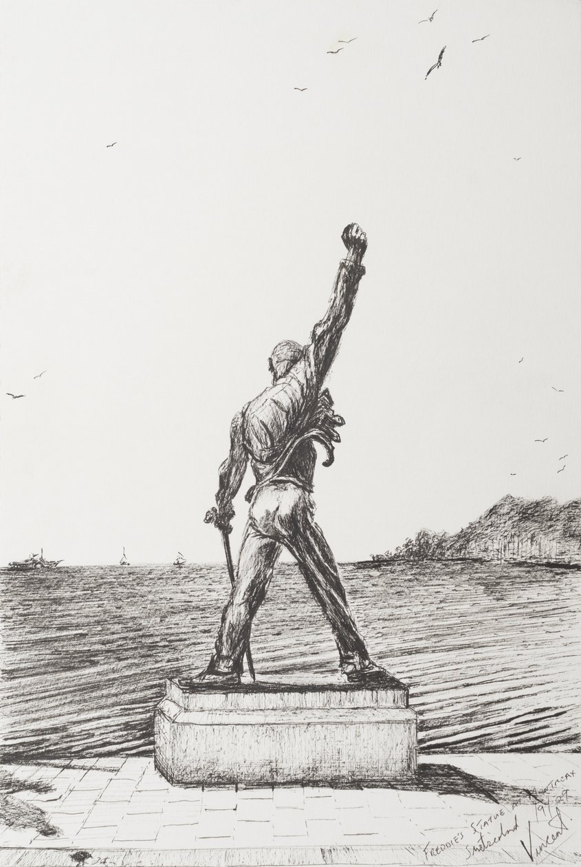 Socha Freddieho Mercuryho Montreux Švýcarsko, 2009, (inkoust na papíře) od Vincent Alexander Booth