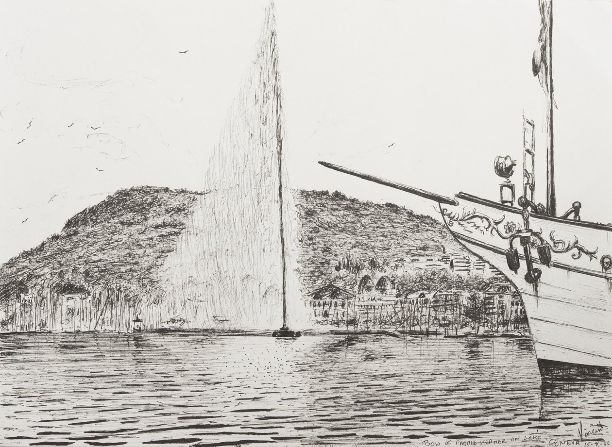 Ženevská fontána a příď výletního křižníku, 2011, (Ink on Paper) od Vincent Alexander Booth