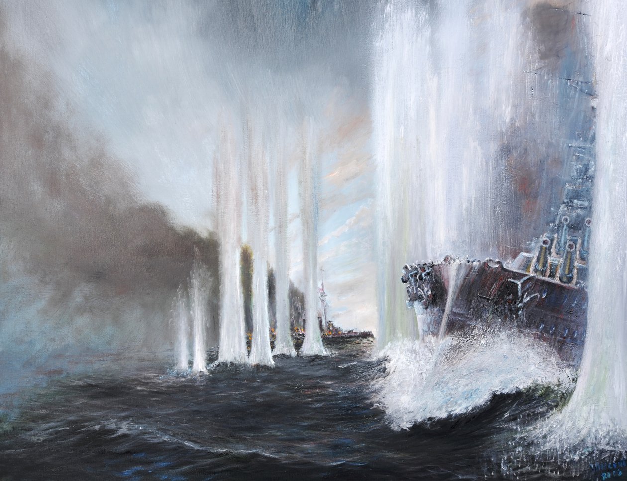 HMS Warspite obchází HMS Warrior v Jutsku, 31. května 1916, 2018, od Vincent Alexander Booth