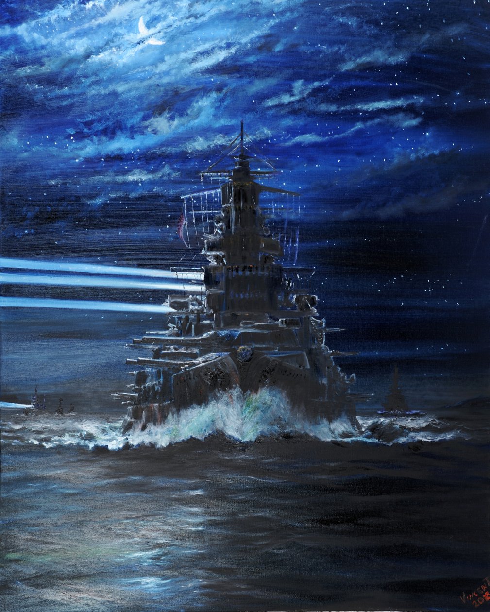 IJN Hiei a Akatsuki zapálili USS Atlanta, Guadalcanal 1942, 2018, od Vincent Alexander Booth