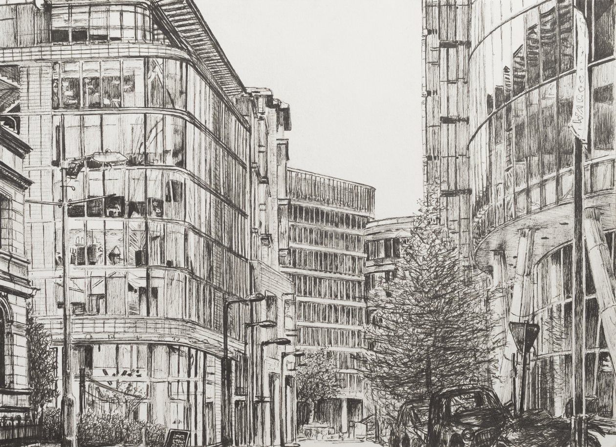 Manchester, Deansgate, pohled z kavárny,2010, (tuš na papíře) od Vincent Alexander Booth