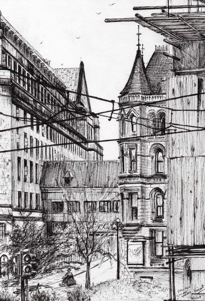 Manchesterská radnice z City Art Gallery, 2007, (inkoust na papíře) od Vincent Alexander Booth