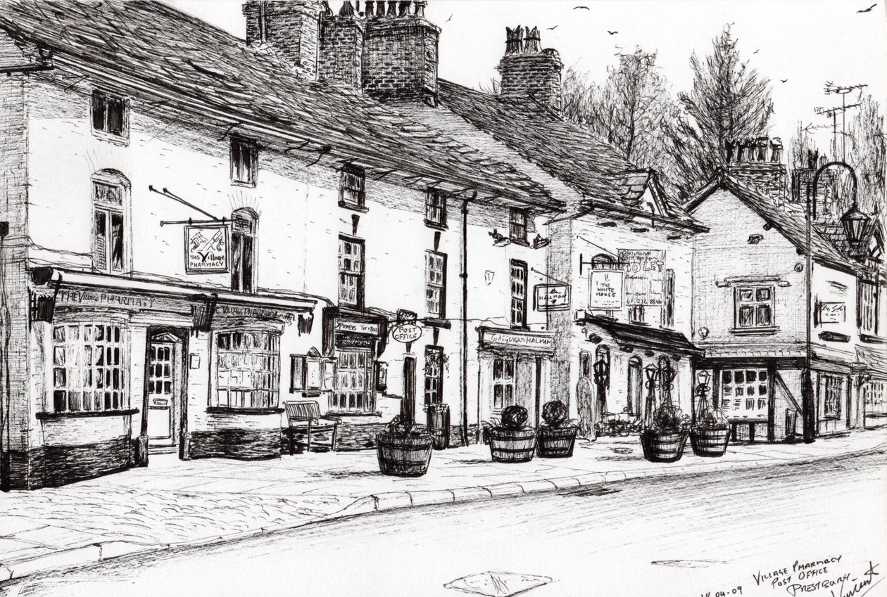 Post office Prestbury, 2009, (inkoust na papíře) od Vincent Alexander Booth