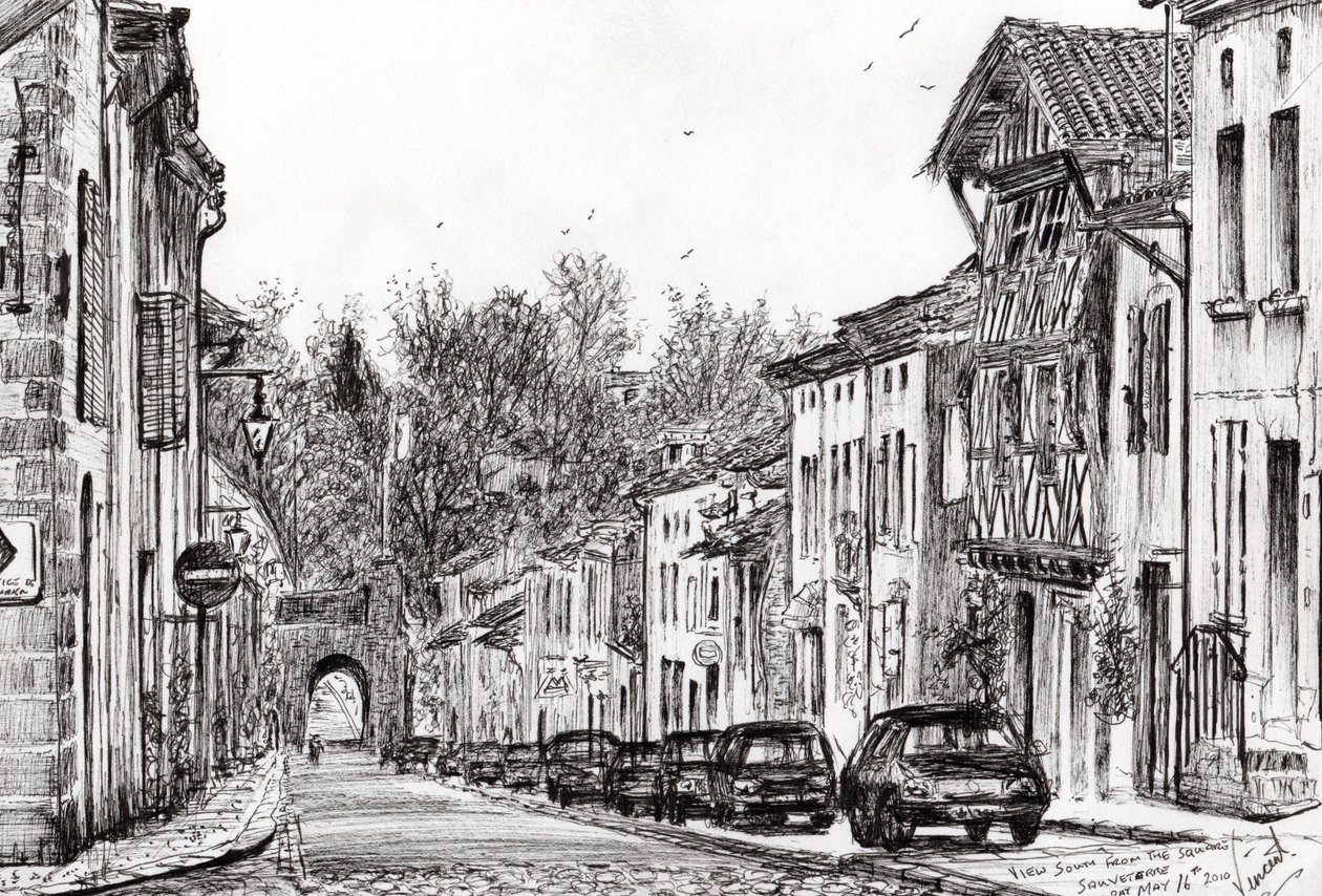 Sauveterre večer Francie, 2010, (inkoust na papíře) od Vincent Alexander Booth