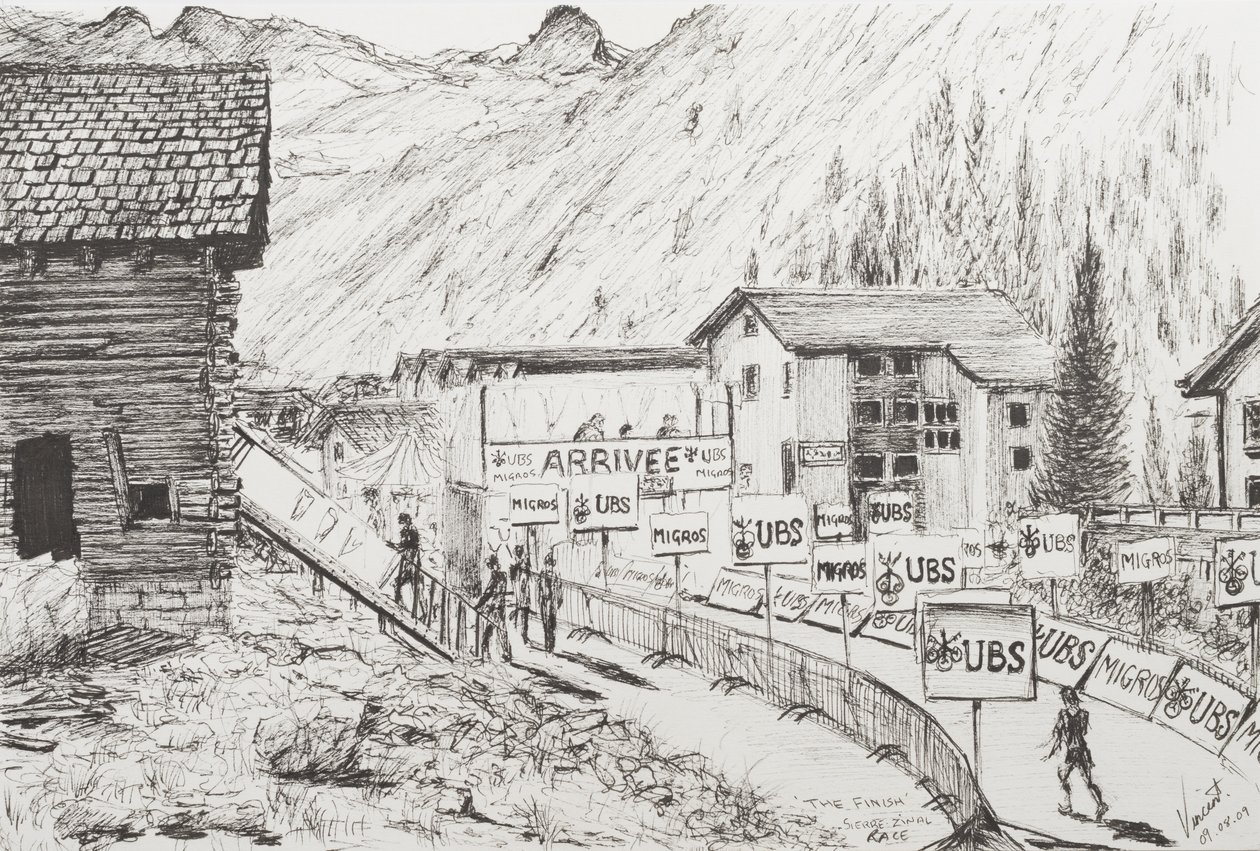 Sierre to Zinal Mountain Race, The Finish, 2009, (inkoust na papíře) od Vincent Alexander Booth