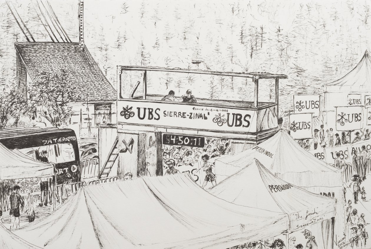 Horský závod Sierre - Zinal, cíl 2012. (tuš na papíře) od Vincent Alexander Booth