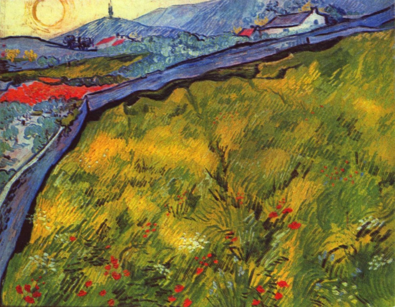 Horská krajina při východu slunce s oplocenou loukou od Vincent van Gogh